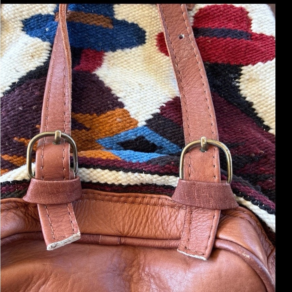 Leather &Woven Woolen Textile Small Backpack Crossbody Bag — Brown, Boho Vintago - Picture 12 of 14
